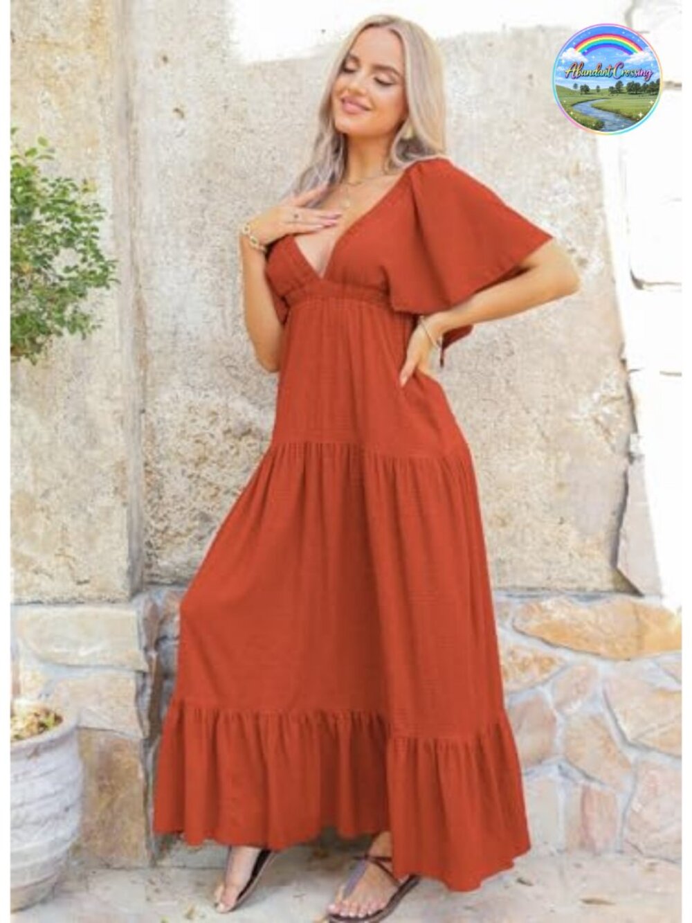 Women's V-Neck Backless Flutter Sleeve Tiered Maxi Dress Elastic Waist - Picture 5 of 6